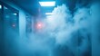 © boonthin - Smoky office corridor with flashing emergency lights: fire safety hazard concept thick grey smoke fills the hallway creating danger and concern