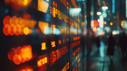 Wall Mural - stock market data on a screen with a bokeh effect from blurred city street lights in the background