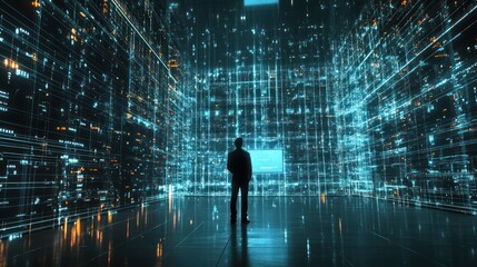 Aufkleber - Silhouette of a person standing in a futuristic data center, surrounded by glowing digital code