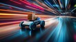 © boonthin - Autonomous delivery robot speeding with package futuristic design and fast shipping motion blur effect in bright neon light streaks background