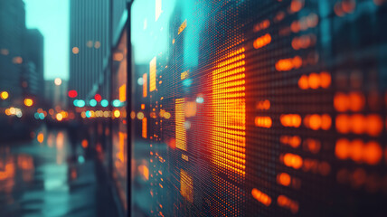 Wall Mural - tablet screen with stock market data and a blurred office backdrop