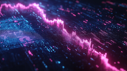 Wall Mural - abstract financial data visualization with glowing blue and pink stock market charts on a dark scree