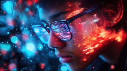 Wall Mural - intense gaze of young man examining colorful digital data flows in virtual tech environment