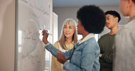 Aufkleber - Teacher, lesson and student writing on whiteboard for math solution, education support and equation answer. Educator, people and learning at high school with problem solving, knowledge or scholarship