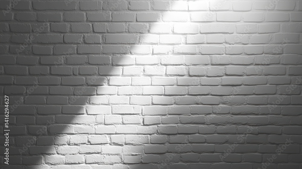 Bright light illuminates a section of a gray brick wall, creating a ...