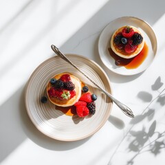 Aufkleber - Delicious pancakes with fresh berry toppings presented on bright white surface under soft sunlight