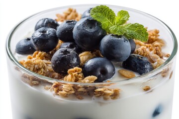 Aufkleber - Close Up Capture of Blueberry Parfait with Crunchy Granola and Fresh Mint in a Transparent Glass Dessert Delight