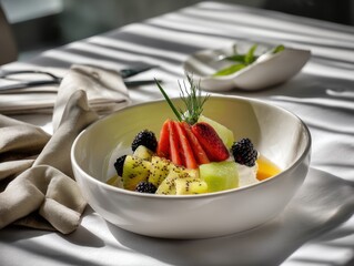 Aufkleber - Fresh fruit salad with strawberry kiwi blackberry and melon in a bright setting with shadows on a linen tablecloth and white plate