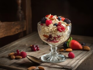 Aufkleber - Delicious Breakfast Parfait Glass with Oatmeal and Fresh Berries in Dark Moody Style Food Photography