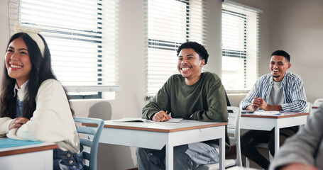 Poster - School, university and people in classroom listening for education, lesson and learning. Students, academy and men and women at desk in lecture for knowledge, assignment and studying at college