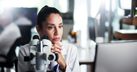 Aufkleber - Computer, scientist and thinking with woman with microscope for healthcare, medical research or test results. Tech, analysis or study with biologist in clinical trial for pharmaceutical development