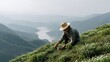 © Sarawut - Traditional plantation life: man picks yerba mate on a sunny slope, distant harvesters and gorge river reflections behind