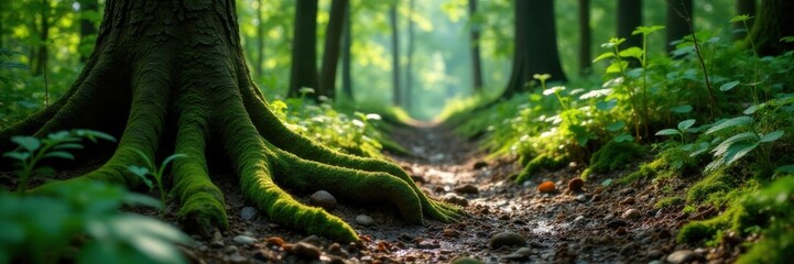 Wall Mural - Muddy forest floor with overgrown vegetation and moss-covered tree roots, rugged, outdoors