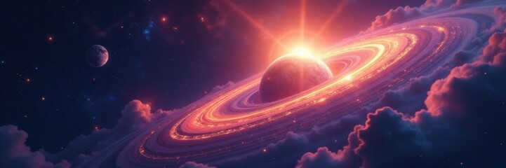 Wall Mural - Mystical orbit of distant planet under luminescent halo, planets, ethereal