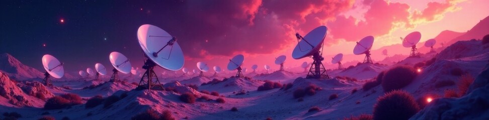 Satellite dishes and antennae in a global network array, satellites, global connectivity