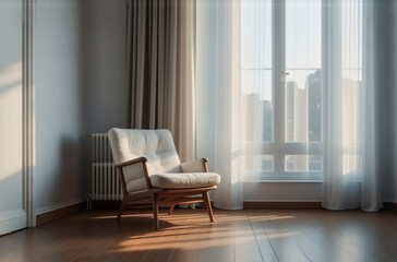 Poster - Sunlight streams through sheer curtains illuminating a comfortable armchair in a minimalist room with hardwood floors.  The calm atmosphere is perfect for relaxation.