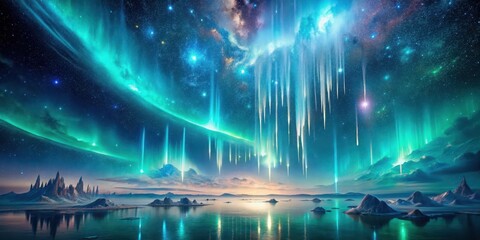 Wall Mural - Celestial Lights Dance Across a Tranquil Icy Lake, Enchanting Mountain Peaks Reflect in the Still Waters Under a Vivid Aurora