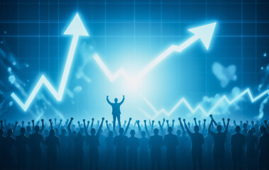 Poster - A triumphant silhouette of a businessman stands before a cheering crowd, backlit by a soaring upward trend graph, symbolizing success and shared prosperity.