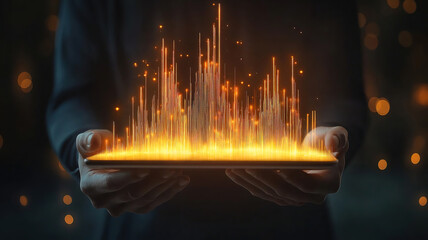 Wall Mural - business growth and planning concept with a tablet held by a businessman showing virtual financial g