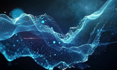 Wall Mural - a moving digital 3d wave. futuristic dark background with dynamic blue particles. the concept of big