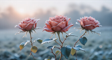 Fototapete - Three frosted pink roses bloom, bathed in early morning sunlight with a blurred, misty background. The delicate petals showcase nature's beauty. Hints of sunrise.