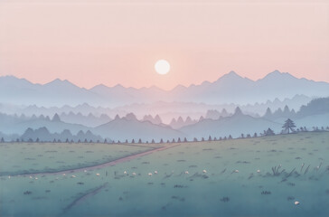 Poster - Serene sunset over misty mountains and a grassy field.  Perfect avatar background. Peaceful landscape.