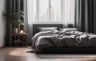 Poster - Modern bedroom with unmade bed, gray bedding, and dark curtains.  Sunlight streams through a large window, illuminating wooden floor. A small plant sits on a side table.
