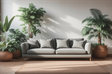 Poster - Sunlit living room with gray sofa,  large potted plants, and a light-colored rug.  Minimalist, serene, and inviting atmosphere.