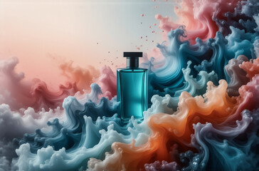 Poster - A teal perfume bottle sits nestled within a vibrant, swirling cloud of multicolored paint, evoking a sense of  fantasy and artistry.