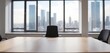 © Ayahe Stock - close up desk in office interior features a contemporary design with a table, chair, and large glass window with city view
