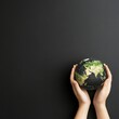 © Jirapong - Hands gently holding a globe against a dark backdrop exemplify our social responsibility to protect the planet, offe ample copy space for text and messaging.