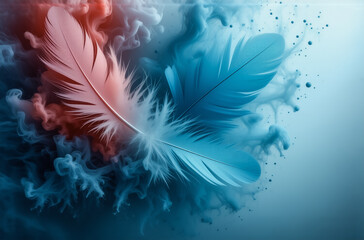 Aufkleber - Two feathers, one red and one blue, float in swirling, vibrant ink.  The contrasting colors and ethereal forms create a captivating abstract image.