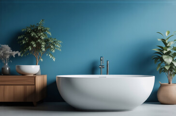 Poster - Serene bathroom interior with freestanding bathtub, wooden cabinet, and potted plants against a deep blue wall.  Modern minimalist design.