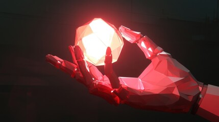 Red robotic hand gently cradles glowing geometric crystal