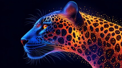Wall Mural - Vibrant reimagining of a wild jaguar profile with glowing neon color palette and shimmering particle effect against dark backdrop evoking digital artistry