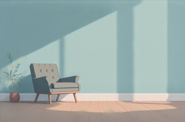 Aufkleber - Serene digital illustration of a teal armchair in a sunlit room.  A minimalist avatar-like scene evokes calm and tranquility.
