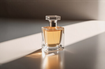 Fototapete - A  golden perfume in a clear glass bottle sits on a reflective surface, bathed in sunlight. The light creates dramatic shadows, highlighting the elegant shape of the fragrance.