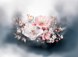 Fototapete - A captivating floral arrangement blooms with delicate pink and white petals. The soft, blurred background creates a dreamy atmosphere, emphasizing the beauty of the blossoms. A gentle illustration.