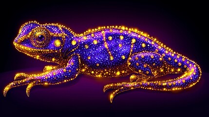 Wall Mural - Luminescent gecko illustration featuring vibrant purple and orange hues against a dark backdrop evoking a futuristic and stylized aesthetic