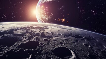 Wall Mural - Sunrise Over Cratered Planet Surface, Science Fiction Illustration With Planet Earth, 3d Render