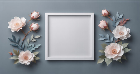 Fototapete - A square white frame is at the center, surrounded by paper-crafted flowers and foliage, arranged beautifully on a muted blue backdrop. A hint of soft colors.