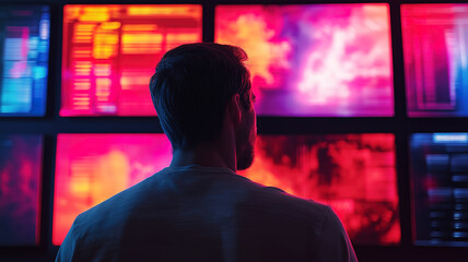 Wall Mural - man analyzing complex data displayed across multiple screens in a modern office setup