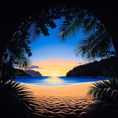 Wall Mural - Serene Sunset Cove - A tranquil beach scene viewed through lush palm fronds, showcasing a vibrant sunset over calm waters