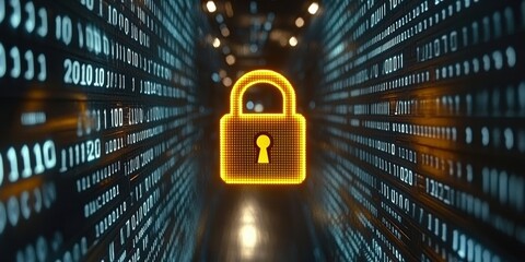 glowing padlock icon on futuristic digital interface with binary code background representing cybers