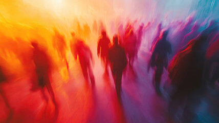 Wall Mural - motion blurred people walking through a busy area showcasing fast-paced crowd movement