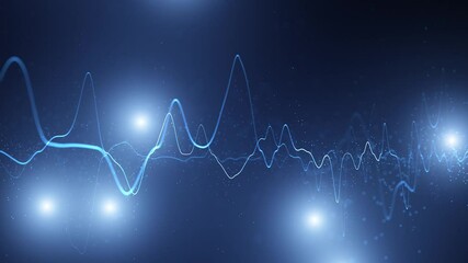 Wall Mural - abstract glowing blue curve lines ocillation with light dots loop motion background.