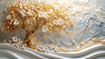 3D wallpaper featuring a white tree of life with golden flowers against a background.  