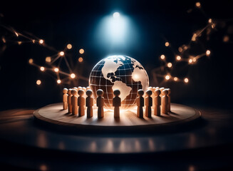 Poster - A captivating visual. A globe rests centrally, surrounded by stylized figures. Glowing lights and a circular base complete the abstract, globally-focused composition, with hints of connection.