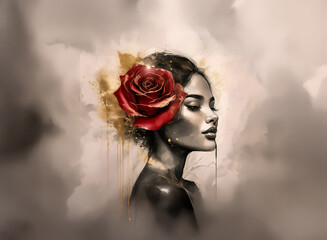 Aufkleber - Here's a description and the keywords:

A beautiful woman with a rose in her hair, surrounded by clouds. The image evokes elegance, the red bloom a striking contrast. Hints of gold add warmth.