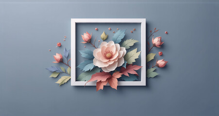 Fototapete - A delicate floral arrangement within a white square frame against a muted blue backdrop. The paper-like flowers offer soft pastel hues and shadows. Hints of blush pink, sage green, and rose colors cre